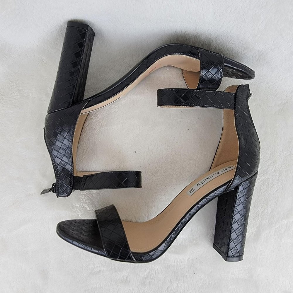 Unilady Black Woven Pattern Ankle Strappy Block High Heel Sandal Size 10 - Picture 6 of 9